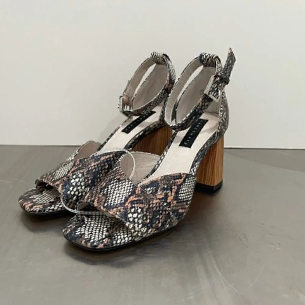 New Sanctuary Roll Sandals Snake Skin Black Brown Cream Wood Looking Heel 6.5 M